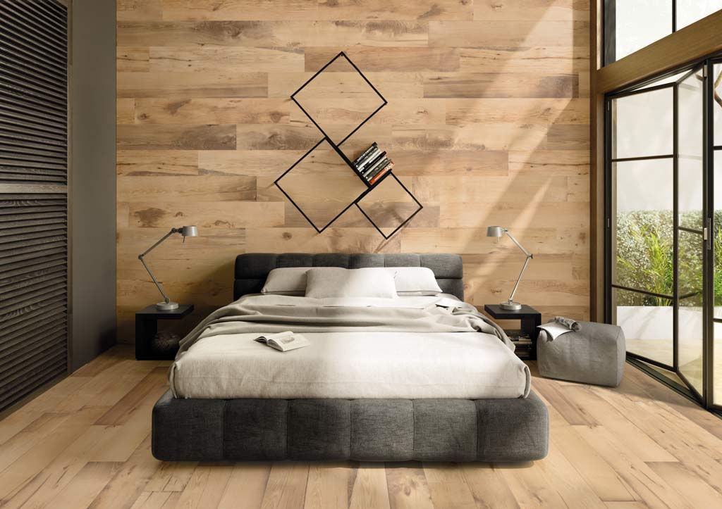 Warme Fliesen in Holzoptik im Schlafbereich