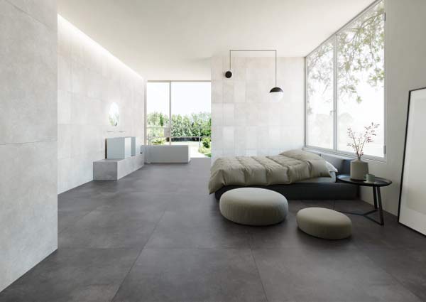 Bodenfliesen in Betonoptik im Schlafbereich